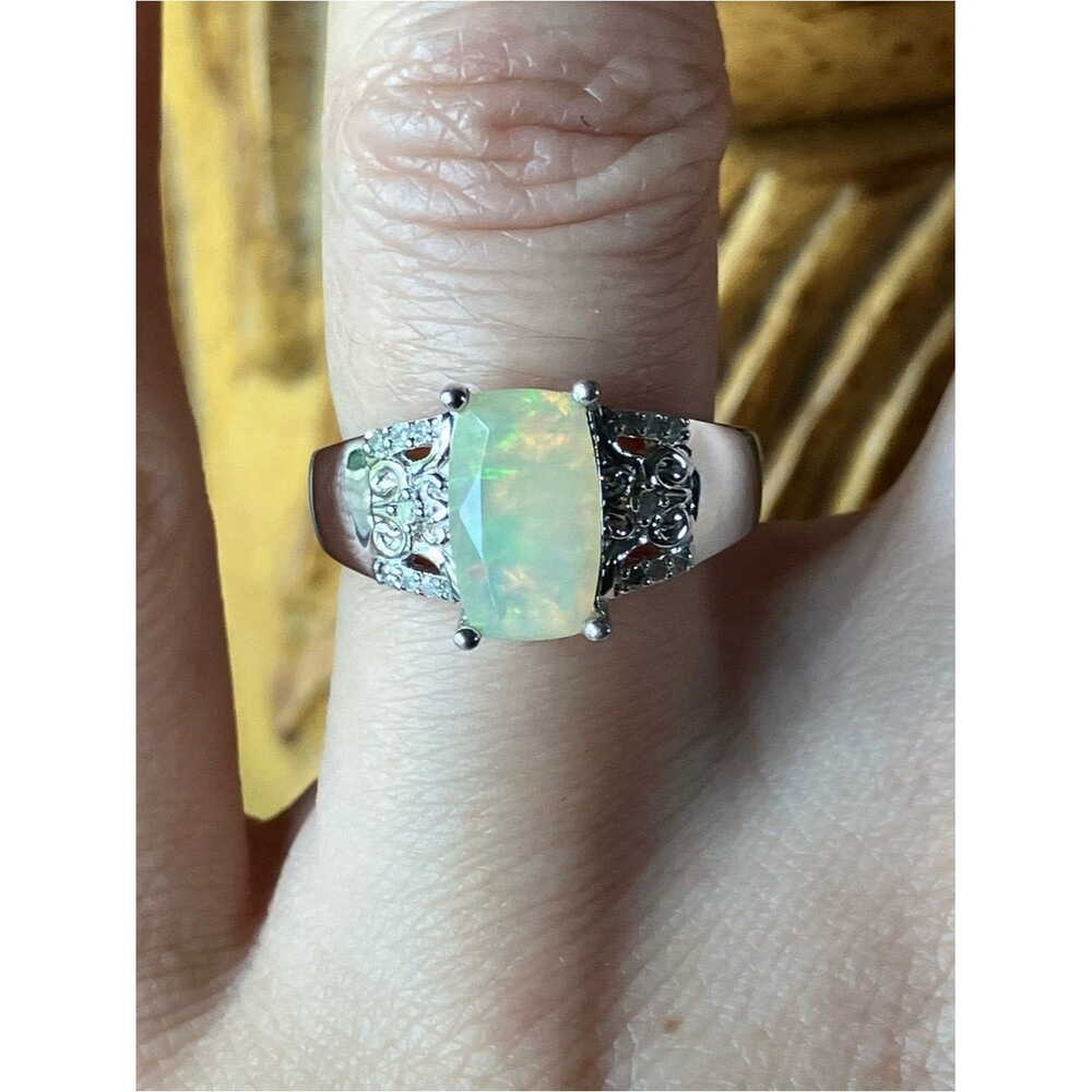 Natural Ethiopian Opal White Diamond Ring Size 6